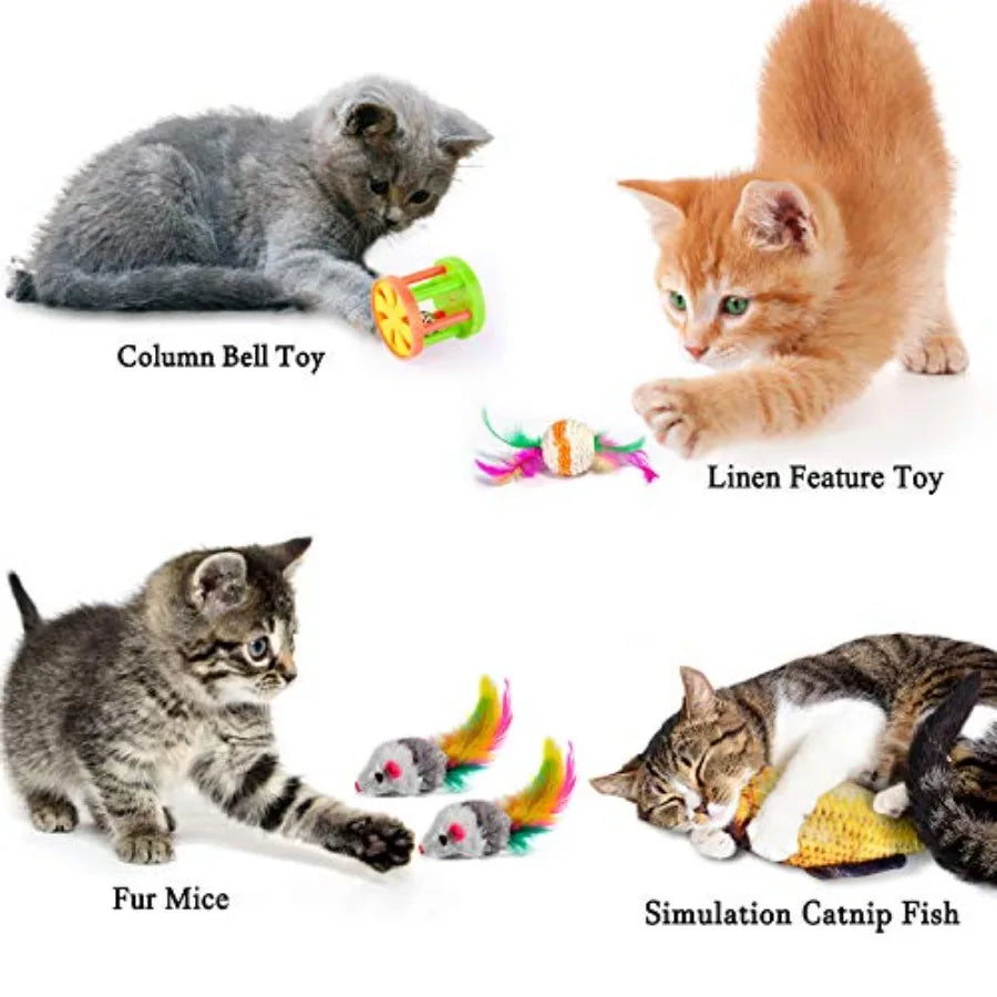 LuxePawe 28Pcs Cat Toy Set | Tunnel, Catnip Fish, Feather Wand & Mice Toys