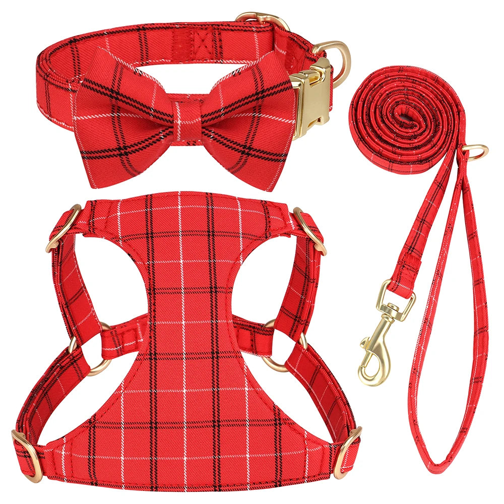 LuxePawe 3pcs Plaid Dog Collar Harness Leash Set with Bowtie Adjustable