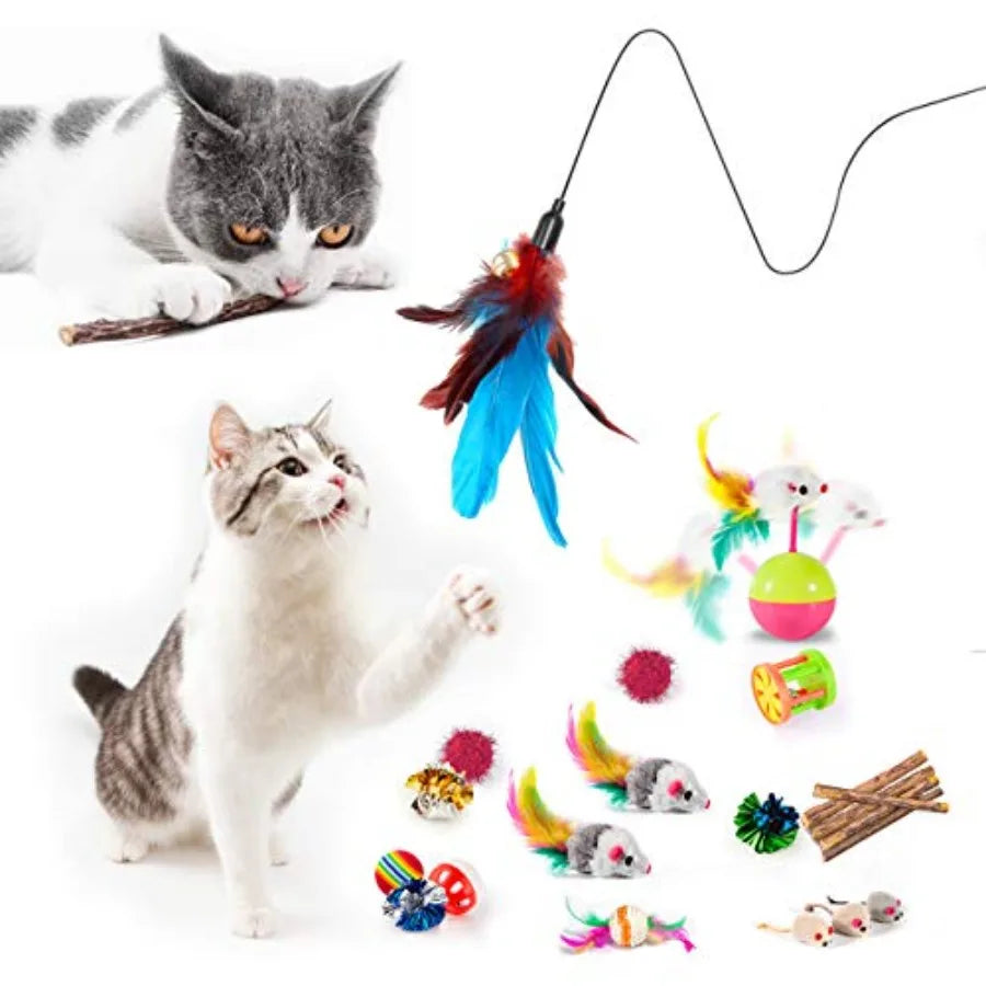 LuxePawe 28Pcs Cat Toy Set | Tunnel, Catnip Fish, Feather Wand & Mice Toys