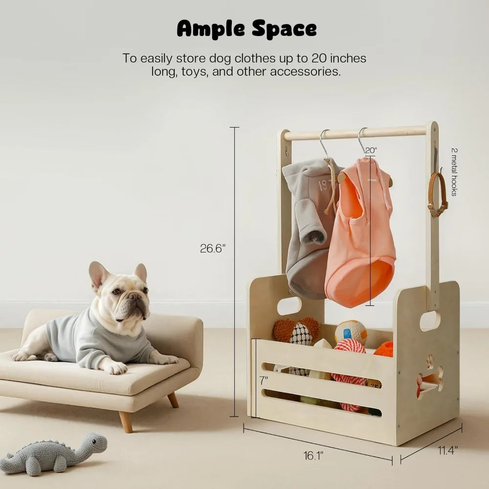 LuxePawe Wooden Dog Storage Organizer 35L Pet Toy Bin with Hanging Rods