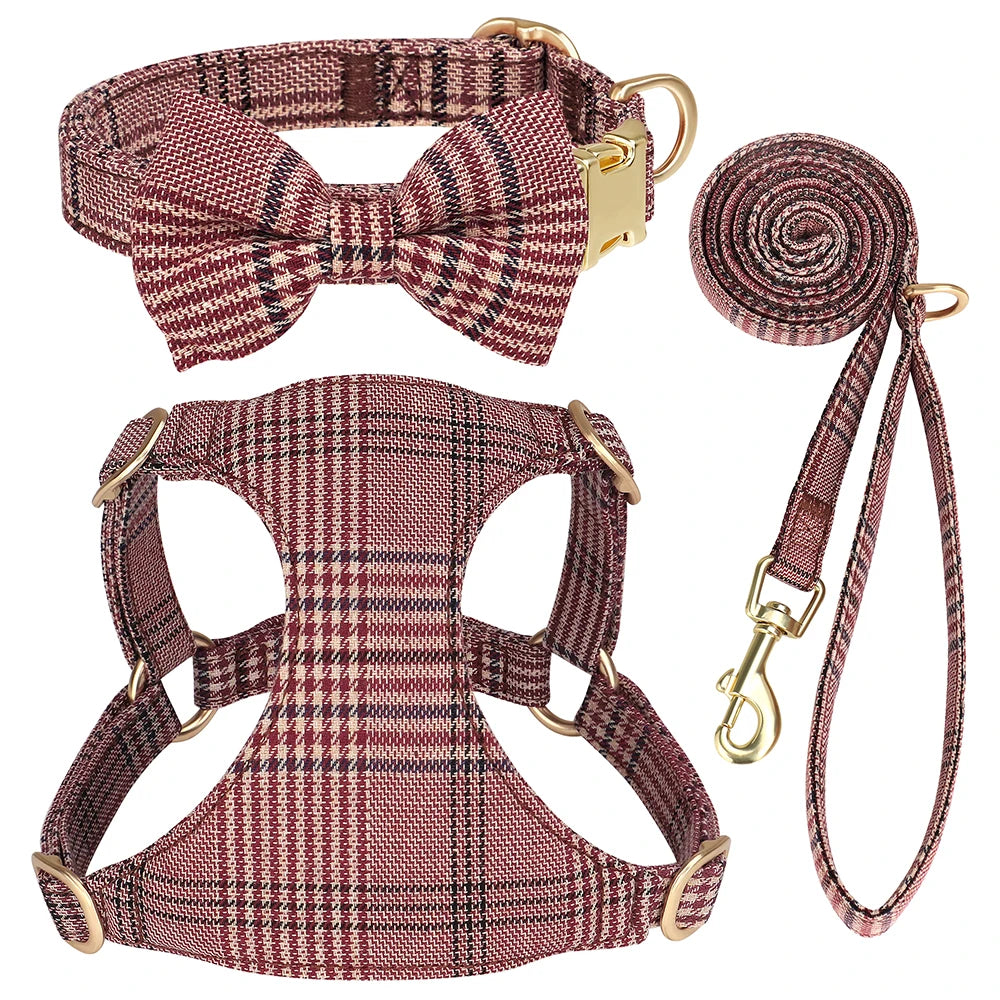 LuxePawe 3pcs Plaid Dog Collar Harness Leash Set with Bowtie Adjustable
