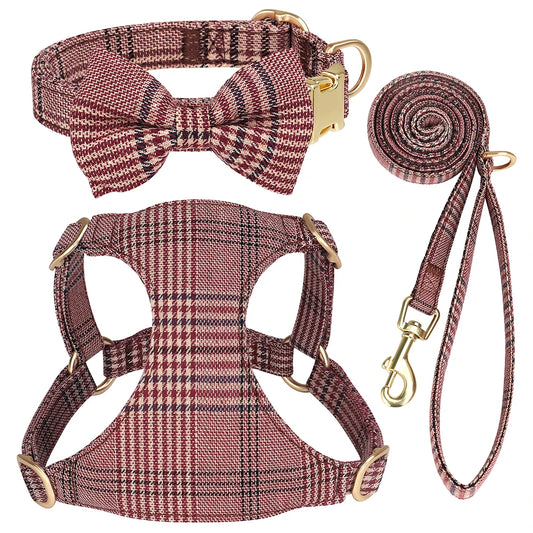 LuxePawe 3pcs Plaid Dog Collar Harness Leash Set with Bowtie Adjustable