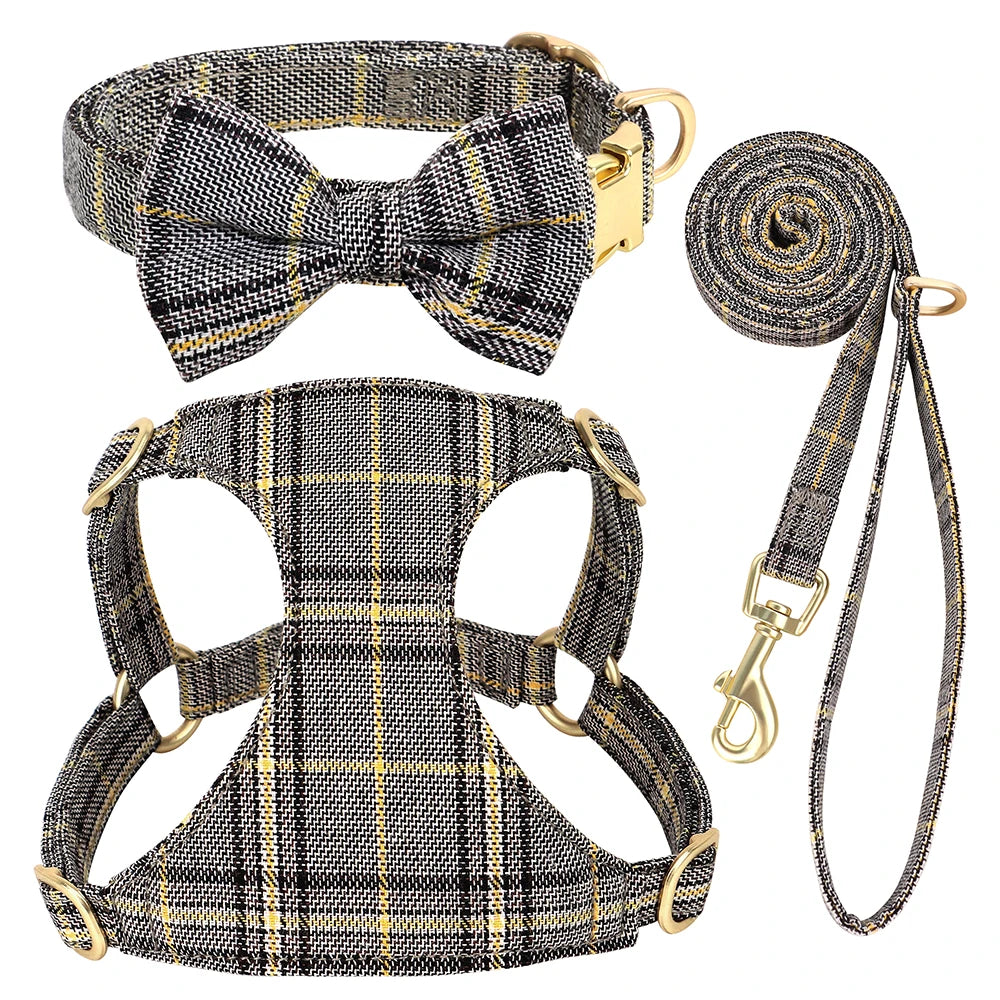 LuxePawe 3pcs Plaid Dog Collar Harness Leash Set with Bowtie Adjustable