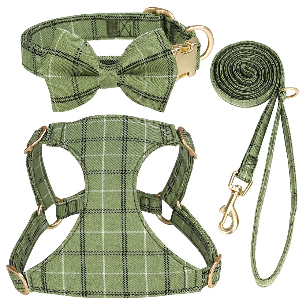 LuxePawe 3pcs Plaid Dog Collar Harness Leash Set with Bowtie Adjustable