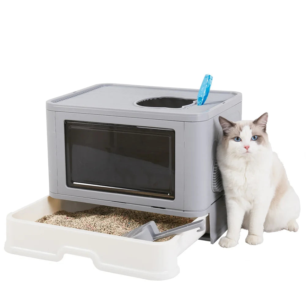 LuxePawe Enclosed Cat Toilet Tray Hooded Litter Box with Grooming Scoop