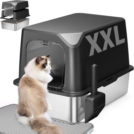 LuxePawe Stainless Steel Cat Litter Box with Lid Jumbo XXL 28"x20.5"x14"