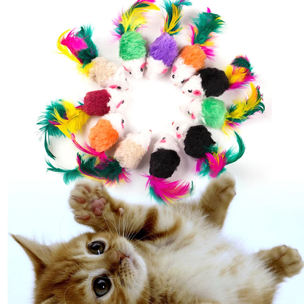 LuxePawe 10PCS Plush Cat Mouse Toys, Feather Rattle Mice for Indoor Cats