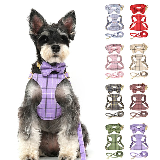LuxePawe 3pcs Plaid Dog Collar Harness Leash Set with Bowtie Adjustable