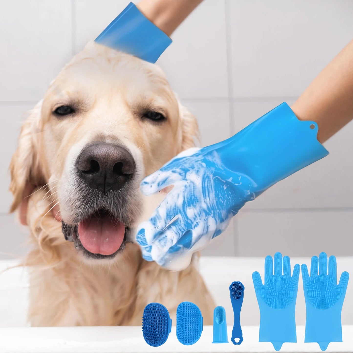 LuxePawe Dog Grooming Kit 6PCS, Silicone Bath Gloves & Finger Toothbrush