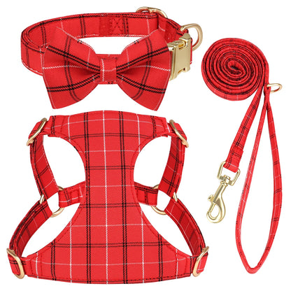 LuxePawe 3pcs Plaid Dog Collar Harness Leash Set with Bowtie Adjustable