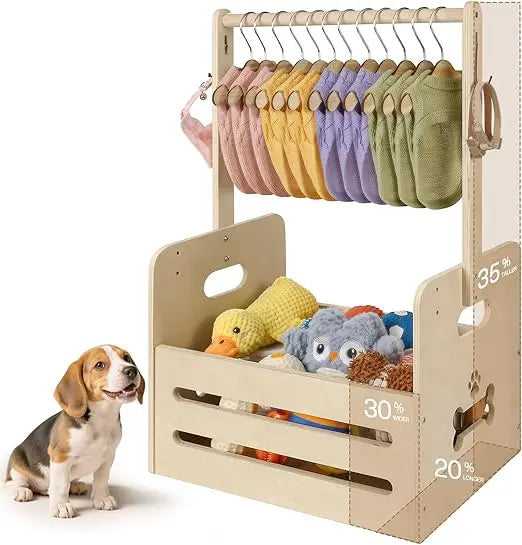 LuxePawe Wooden Dog Storage Organizer 35L Pet Toy Bin with Hanging Rods