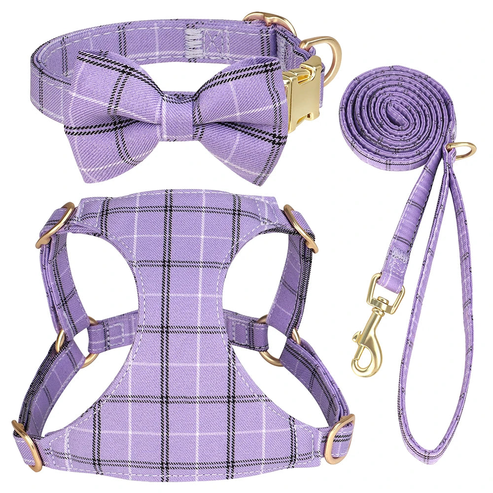 LuxePawe 3pcs Plaid Dog Collar Harness Leash Set with Bowtie Adjustable
