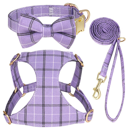 LuxePawe 3pcs Plaid Dog Collar Harness Leash Set with Bowtie Adjustable