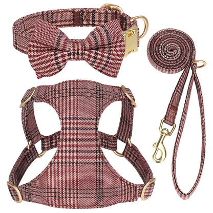 LuxePawe 3pcs Plaid Dog Collar Harness Leash Set with Bowtie Adjustable