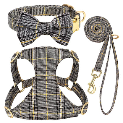 LuxePawe 3pcs Plaid Dog Collar Harness Leash Set with Bowtie Adjustable