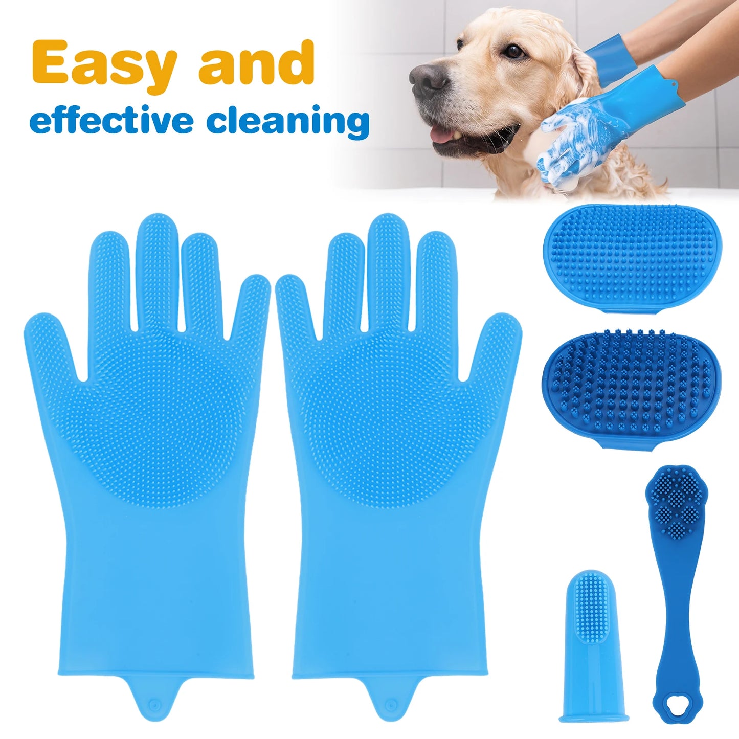 LuxePawe Dog Grooming Kit 6PCS, Silicone Bath Gloves & Finger Toothbrush
