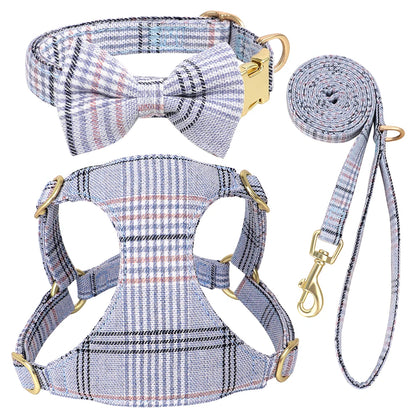 LuxePawe 3pcs Plaid Dog Collar Harness Leash Set with Bowtie Adjustable