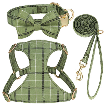 LuxePawe 3pcs Plaid Dog Collar Harness Leash Set with Bowtie Adjustable