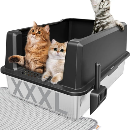 LuxePawe Jumbo Stainless Steel Open Litter Box for Large Cats XXL