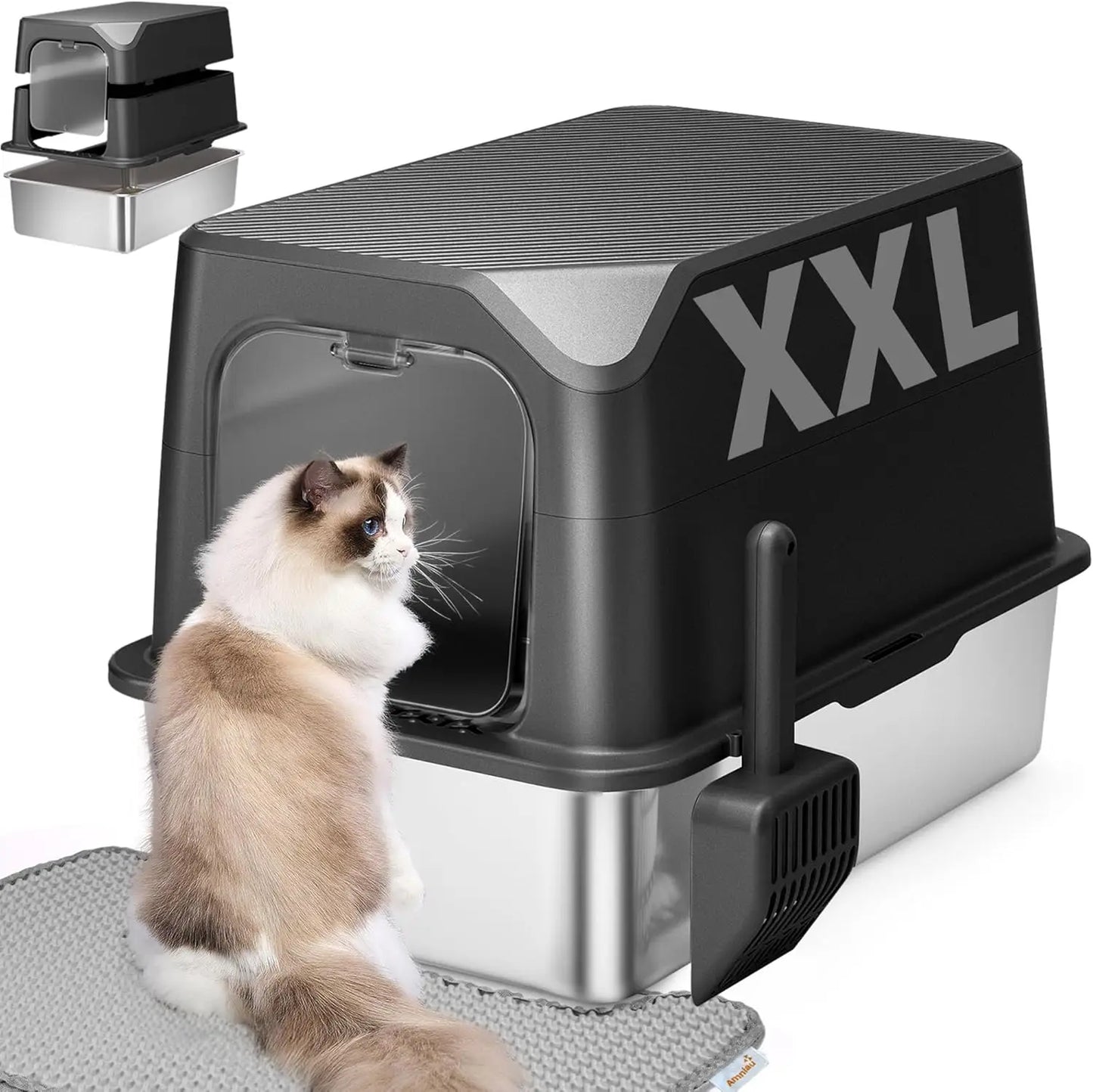 LuxePawe Stainless Steel Cat Litter Box with Lid Jumbo XXL 28"x20.5"x14"