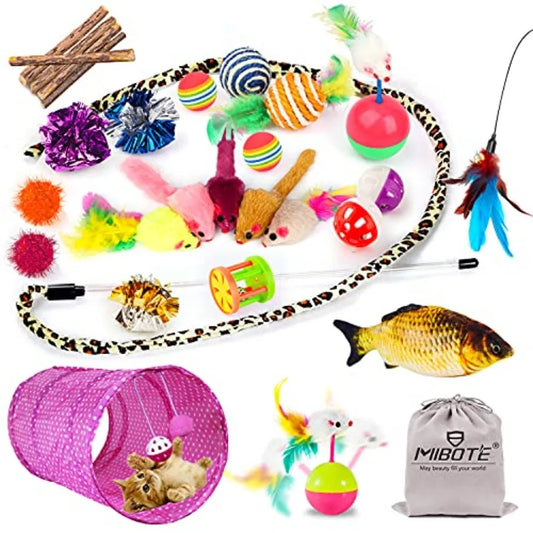 LuxePawe 28Pcs Cat Toy Set | Tunnel, Catnip Fish, Feather Wand & Mice Toys