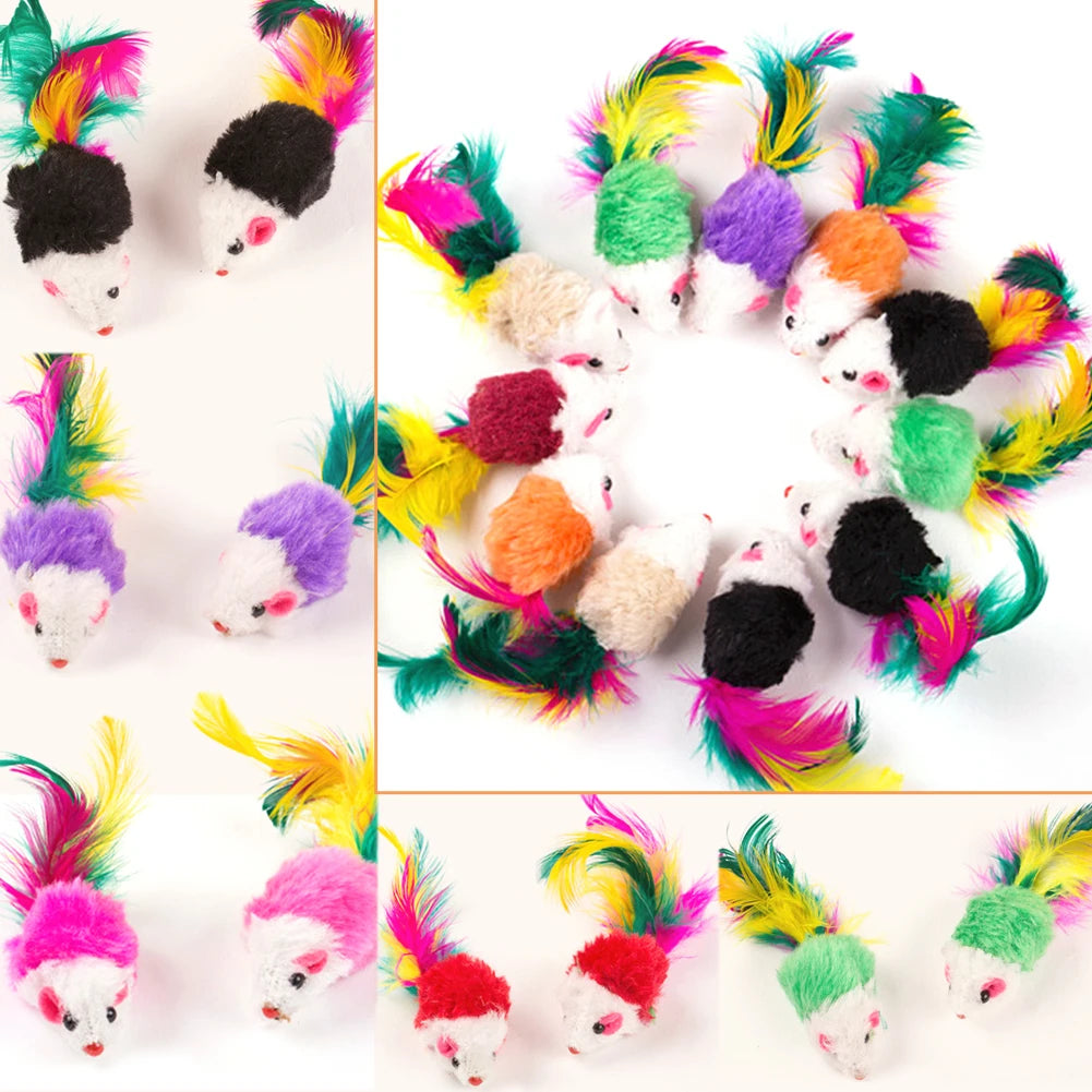 LuxePawe 10PCS Plush Cat Mouse Toys, Feather Rattle Mice for Indoor Cats