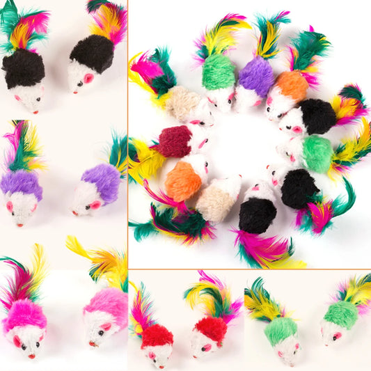 LuxePawe 10PCS Plush Cat Mouse Toys, Feather Rattle Mice for Indoor Cats
