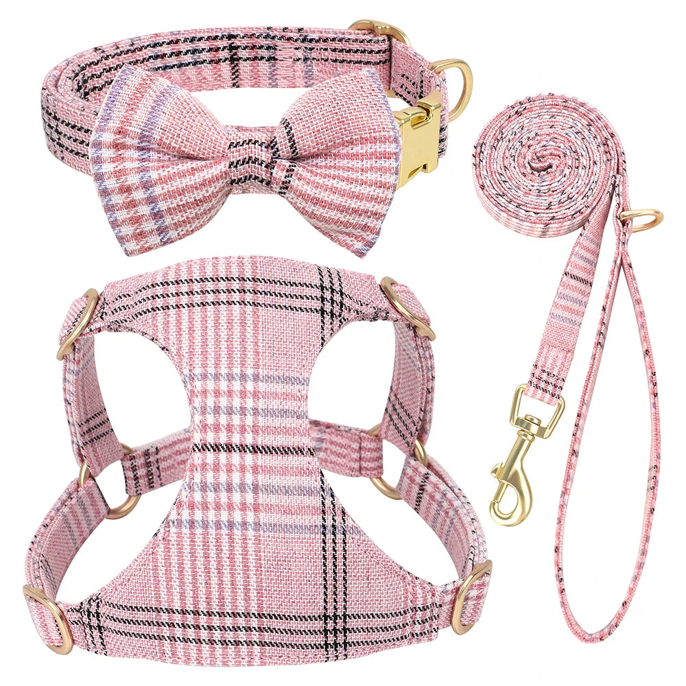 LuxePawe 3pcs Plaid Dog Collar Harness Leash Set with Bowtie Adjustable