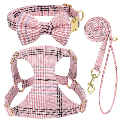 LuxePawe 3pcs Plaid Dog Collar Harness Leash Set with Bowtie Adjustable