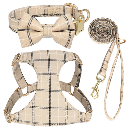 LuxePawe 3pcs Plaid Dog Collar Harness Leash Set with Bowtie Adjustable
